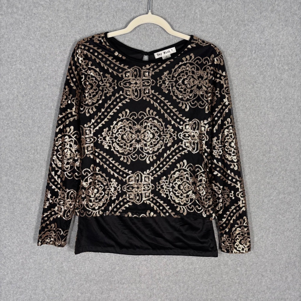 Gold Embellish Mesh Blouse Small Hi Lo Paisley Medallion‎ Shimmer Glam Feminine
